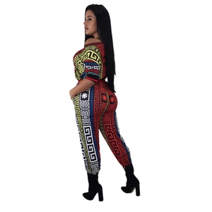 Women's two-piece casual set featuring bold colorful geometric patterns and Greek motifs