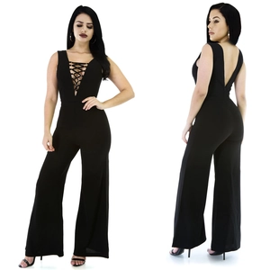 Sexy Women Sleeveless Deep V Neck Lace Up Backless Jumpsuit Elegant Solid Black Wide Leg Jumpsuits Party Club Outfits