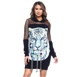 Mini robe noire à capuche tendance avec imprimé tigre et empiècement en résille