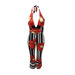 Detail of a halter neck jumpsuit with deep V-neck, floral print, and vertical stripes