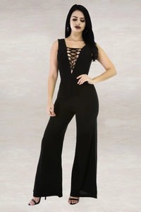 Elegant sleeveless black wide-leg jumpsuit with sexy deep V lace-up bandage front