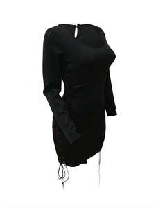Detail of the cross-lace-up cutout on the side of a black slim-fit summer dress