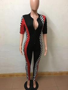 Racing style black jumpsuit with red panels and checkered pattern detailing on sides