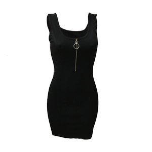 Detail of black sleeveless mini dress with U-neck, front zipper and side stripes