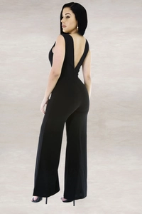 Sexy black sleeveless jumpsuit with backless bandage design and wide leg trousers