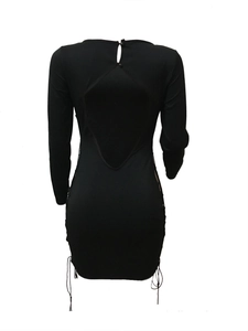 Detail of black lace dress showing backless V-cut, hollow neckline and side drawstrings