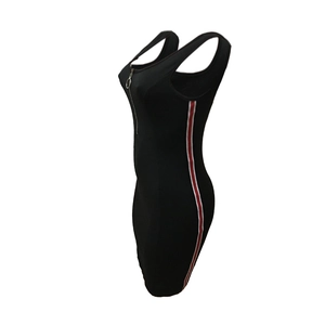 Women's black bodycon mini dress with sporty side stripes and zipper neck detail