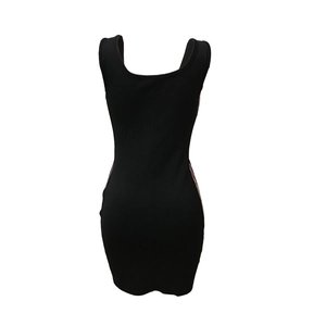 Close-up of black bodycon mini dress with red and white sporty side stripe detailing