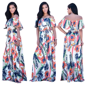 Robe Longue Femmes Épaules Dénudées Imprimé Floral Volants Taille Nouée Mélange de Lin Bohème Été Plage Vacances Robe Soirée