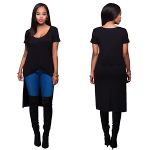 Women Casual Short Sleeve Black Dress Round Neck Front Knot High-Low Hem T-Shirt Dress Solid Color Slim Fit Fashion Midi Dress