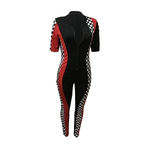 Detail of short-sleeve racing jumpsuit featuring side checkers and a front zipper closure