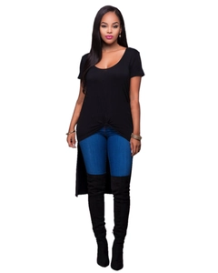 Women's black short sleeve high-low hem top with front knot detail and crew neckline