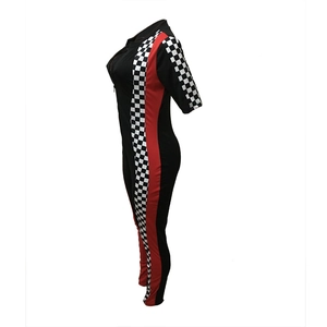 Detail of racing jumpsuit featuring side checkerboard pattern and elastic sports fabric