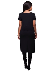 Slim fit black short sleeve midi dress for women featuring a minimalist crew neck design