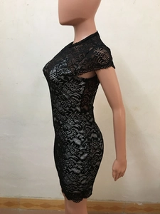 Vue latérale d'une robe en dentelle noire avec broderies florales et coupe ajustée sexy