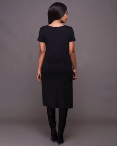 Classic black short-sleeve knit midi dress for women featuring a minimalist slim fit cut