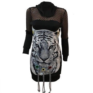 Robe à capuche noire avec imprimé tigre, manches résille et cordons de serrage rayés