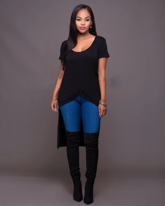 Women's black short sleeve top with front knot detail and long asymmetric hem