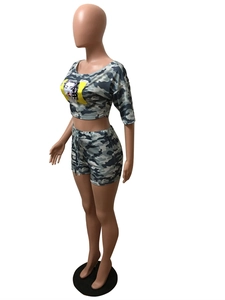 Detailed view of women's camo set with Marilyn Monroe print and pearl embellishments