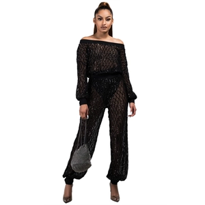 Ensemble sexy deux pièces femme avec haut en maille à paillettes et pantalon large
