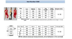 Detailed size chart for women's two-piece patchwork tracksuit including S to XL measurements