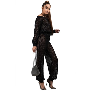 Ensemble chic deux pièces en mesh noir à paillettes avec haut manches longues et pantalon