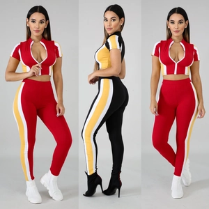 Women Tracksuit Color Block Zip Up Short Sleeve Crop Top And High Waist Long Pants Linen Blend Casual Sporty Workout Wear