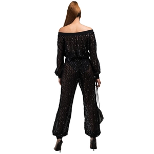 Combinaison noire pailletée à motif treillis pour femme avec manches lanternes et maille