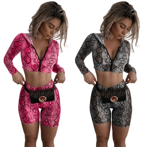 Women Snake Skin Print Bamboo Fiber Top And Bottom Hooded Long Sleeve Jacket High Waist Cycling Shorts Slim Sporty Set