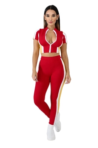 Women's red two-piece tracksuit with crop zip top and high waisted leggings set