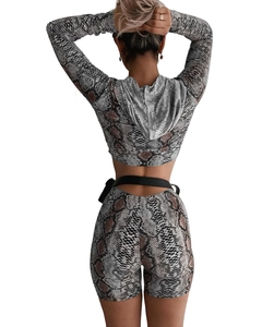 Women's two-piece snakeskin print set with long sleeve crop top and high waist slim shorts