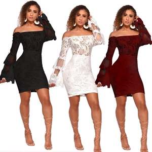 Sexy off-shoulder lace mini dress with bell sleeves in black, white and wine red