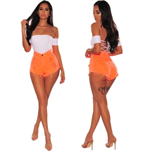 Short en Jean Orange à Taille Haute pour Femmes Effet Usé Lavé Ourlet Effiloché pour Été Streetwear Mode