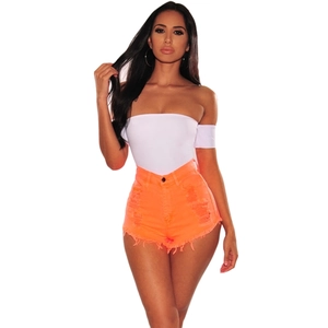 Body blanc à épaules dénudées pour femmes avec short en jean orange taille haute déchiré