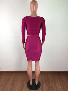 Rear view of vibrant rose red two-piece set featuring long-sleeve crop top and mini skirt