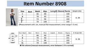 Detailed size guide table for high waist distressed flare jeans with measurements