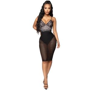 Slim fit black lace v-neck dress with floral mesh overlay and spaghetti straps
