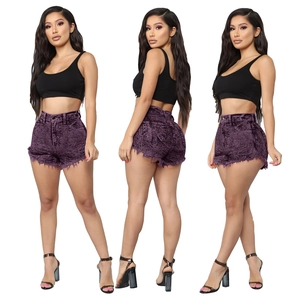 Short en Jean Violet Taille Haute pour Femmes Été Lavage à l'Acide Bords Effilochés Short en Jean Vieilli Bas Casual Élégant