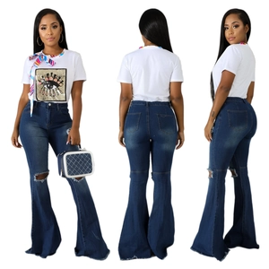 Women High Waist Ripped Flare Jeans Distressed Bell Bottom Denim Pants With Raw Hem Streetwear Casual Fashion Denim Trousers