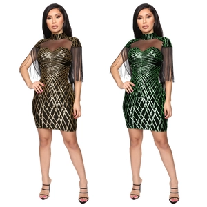 Robe Mini Sexy Femme à Paillettes et Franges Mesh Patchwork Bodycon Robes de Soirée Nightclub Motif Géométrique Or Vert