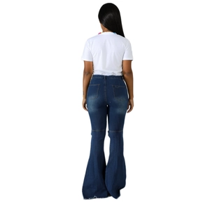 Women's high waist bell-bottom jeans in deep blue wash with raw hems and back pockets