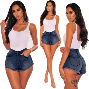 Three-way view of high-waisted dark blue denim shorts with frayed hems and washed texture