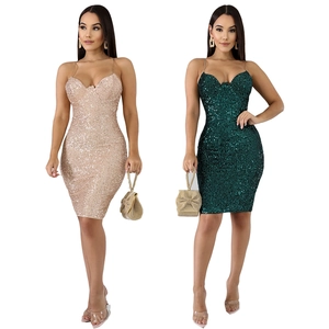 Women Sexy Sequin Bodycon Midi Dress Sparkly Spaghetti Strap Back Zipper Party Nightclub Evening Banquet Cocktail Tight Dress