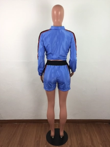 Detailweergave van het koningsblauwe sportpak met rood-zwarte zijstrepen op de rugzijde