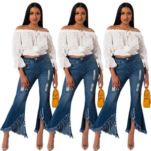 Women Distressed Flare Jeans High Waist Ripped Denim Pants With Frayed Fringe Hem Vintage Washed Bell Bottom Trousers