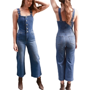 Women Denim Slim Jumpsuit Retro Washed Square Neck Sleeveless Flared Leg Overalls Metal Buttons Streetwear Romper Blue