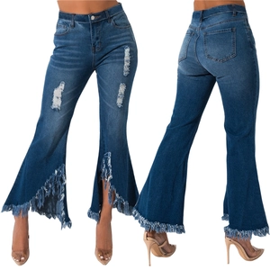 Women's high waist flare jeans with distressed ripped knees and frayed fringe hems