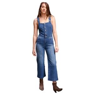 Slim fit denim jumpsuit for women with button-down front and stylish wide leg cut