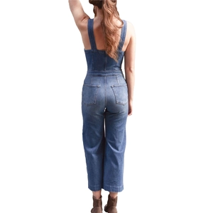 Slim fit backless denim jumpsuit for women featuring vintage dark blue straight leg style