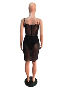 Detail of black lace dress back with intricate floral embroidery and sheer mesh skirt